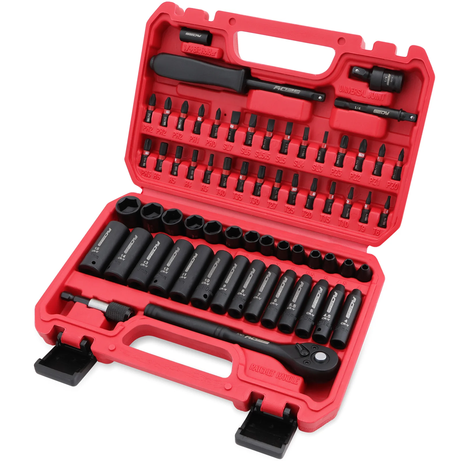 SEDY 64-Piece 1/4" Impact Socket Set with Screwdriver Bits Extension and Ratchet Wrench