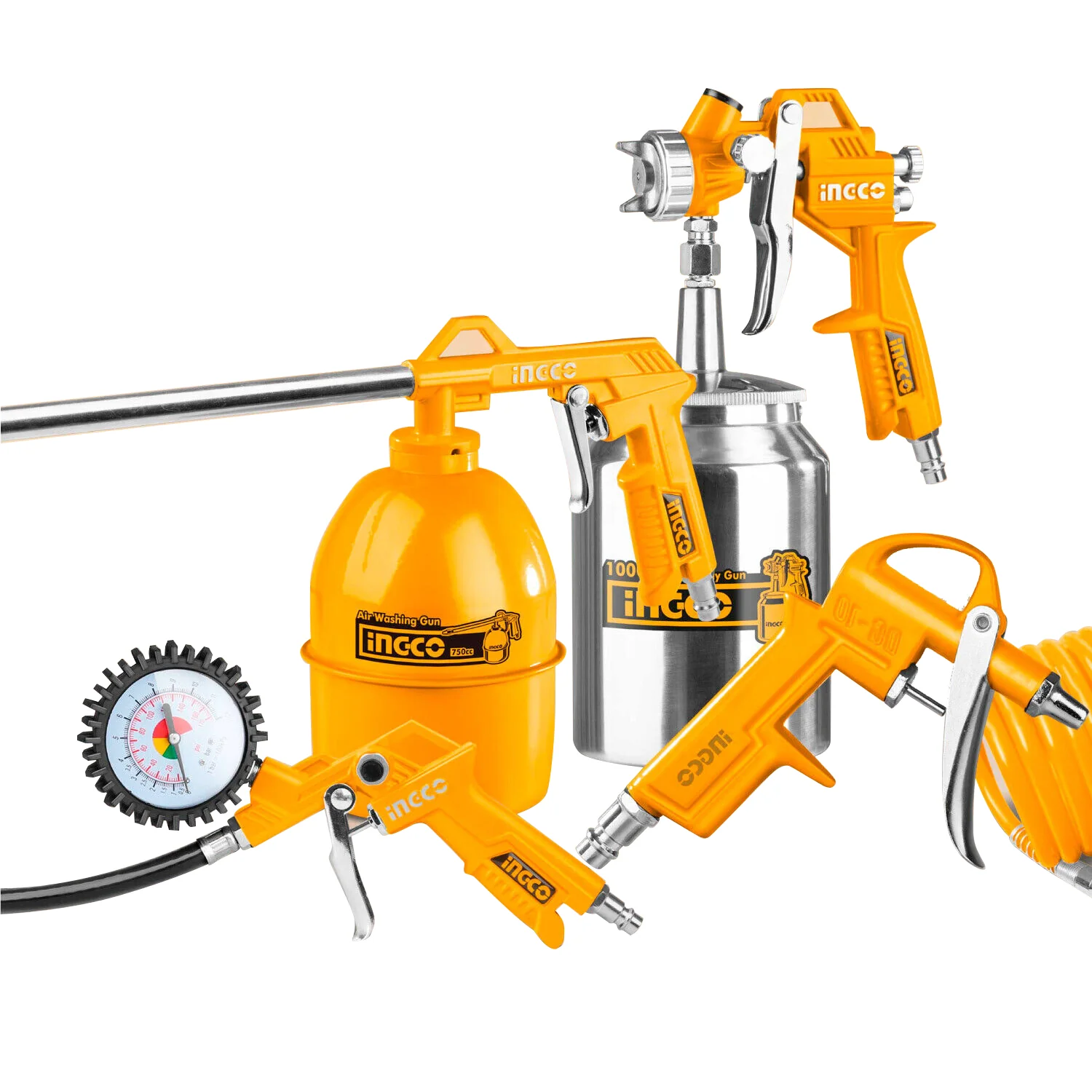 5Pc Compressor Air Tool Set - Includes Paint Sprayer, Air Blower, Wash Gun, Tyre Inflator, 5M Hose with European Connector