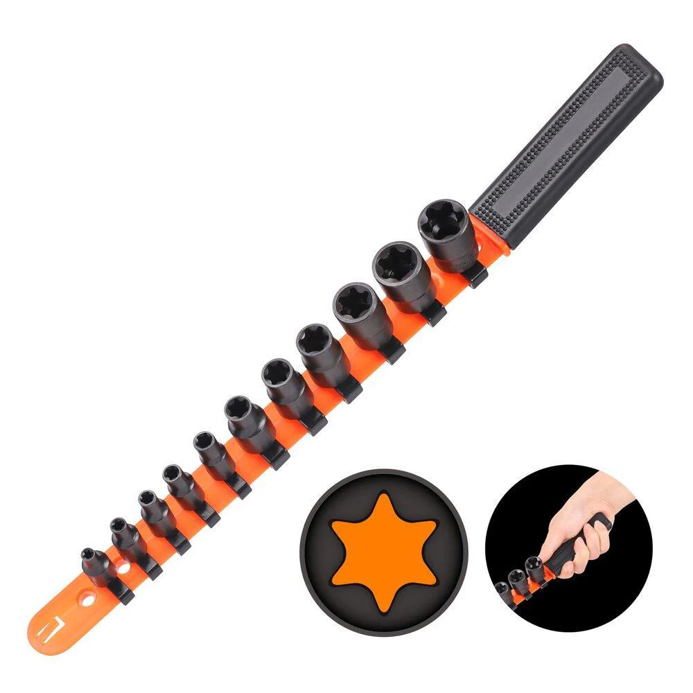 11Pc Impact E-Torx Socket Set E4-E20 - Durable Female Star Sockets with Rail, 1/4" & 3/8" Drive