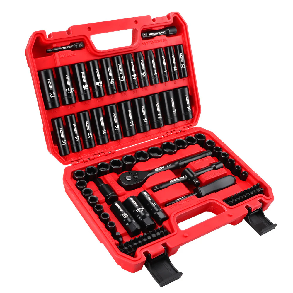 SEDY 96Pcs 3/8" Impact Socket Set SAE & Metric Sockets with Ratchet, Bits & U-Joint