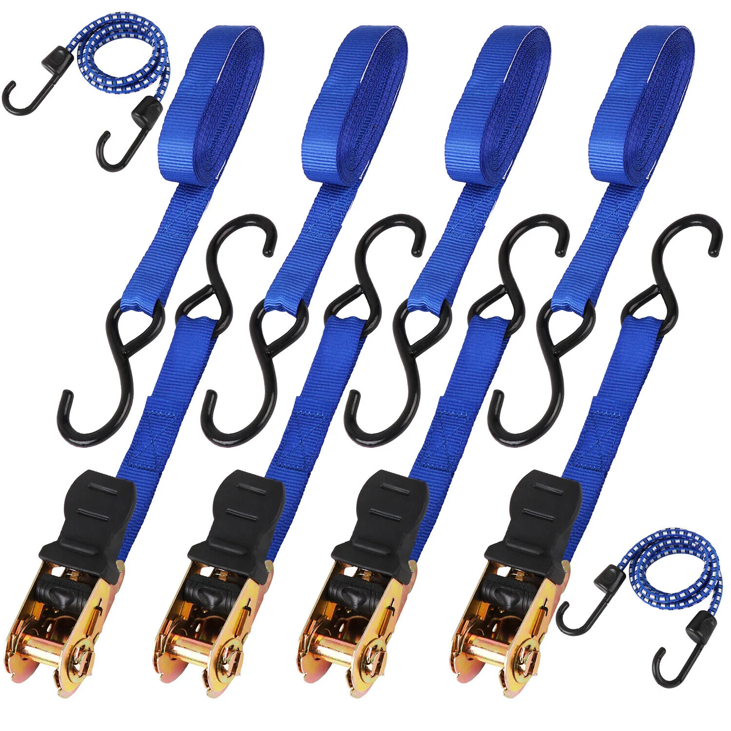 HORUSDY 4-Pack Ratchet Tie Down Straps Set, 15FT Length, 2200 LB Capacity for Cargo, Trucks, Trailers - Includes S-Hooks and Bungee Cords