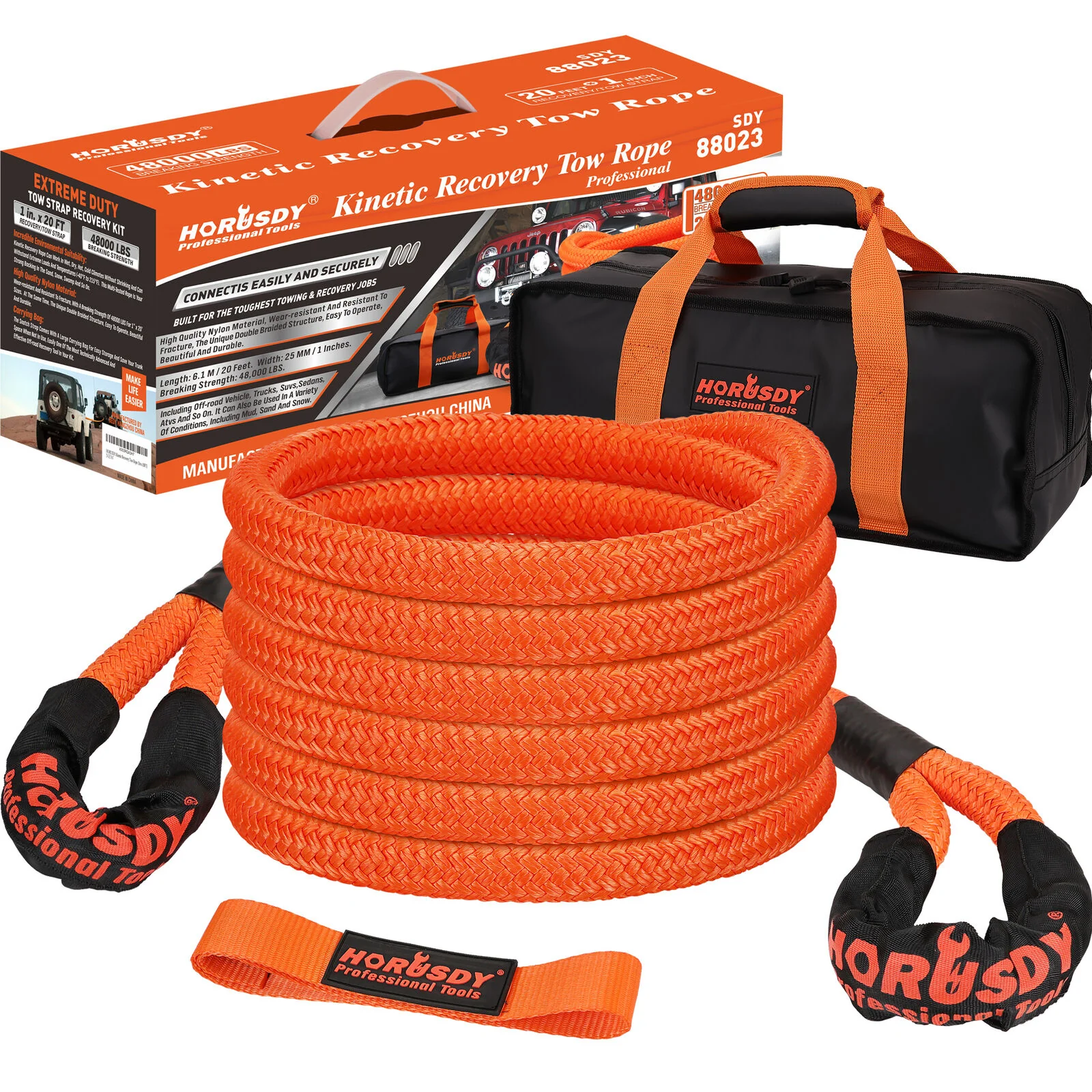 HORUSDY 20FT Heavy Duty Tow Rope – 6.1M Snatch Strap with 48000 LBS Capacity for Off-Road Recovery