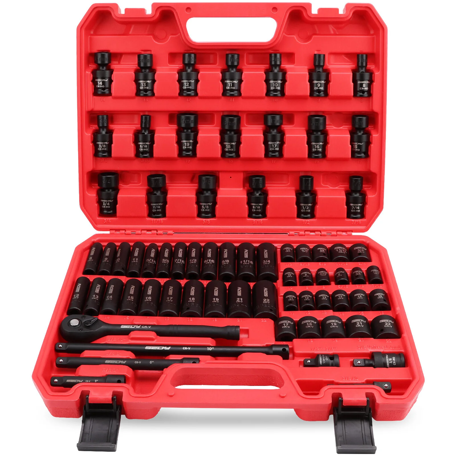 SEDY 71-Piece 3/8" Impact Socket Set with Swivel Sockets Extension Ratchet Wrench