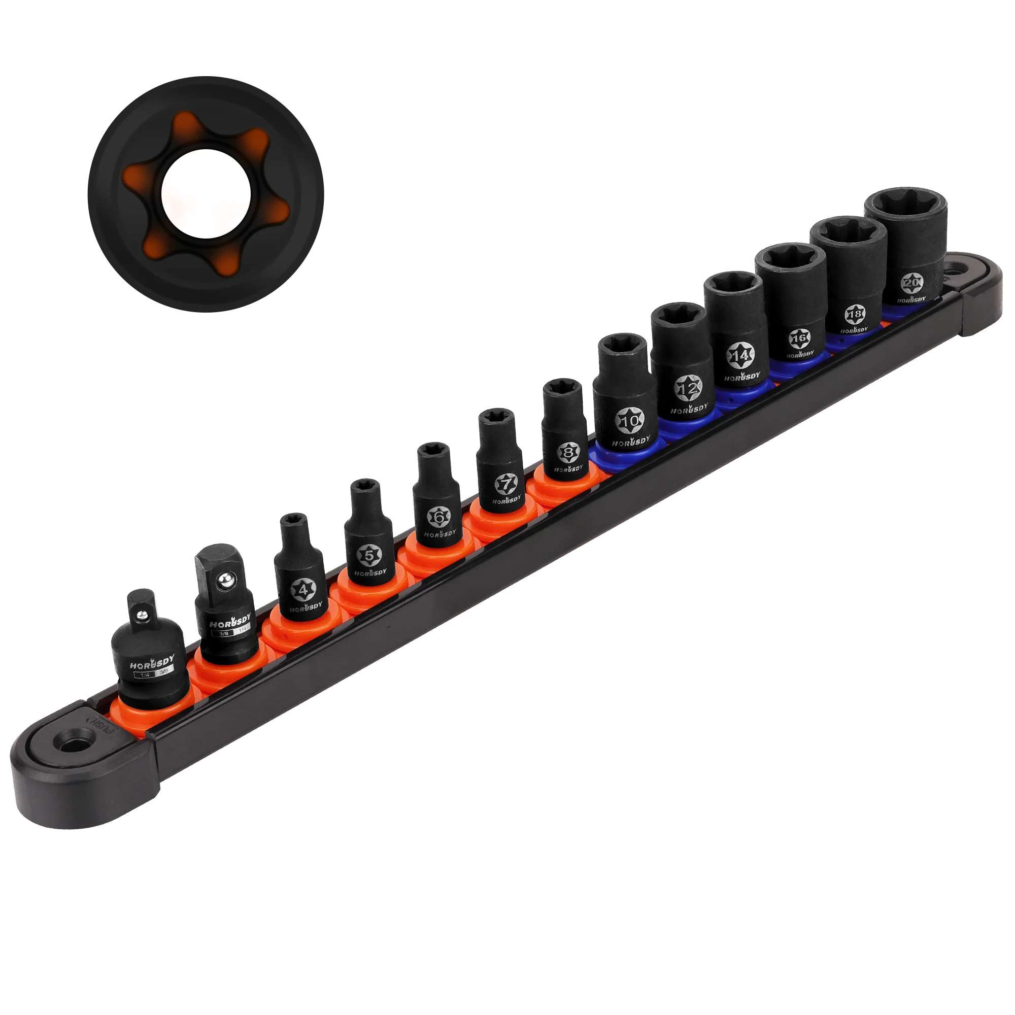 HORUSDY 13Pc Female E Torx Star Socket Set External Torque 3/8" 1/4" Swivel Rail