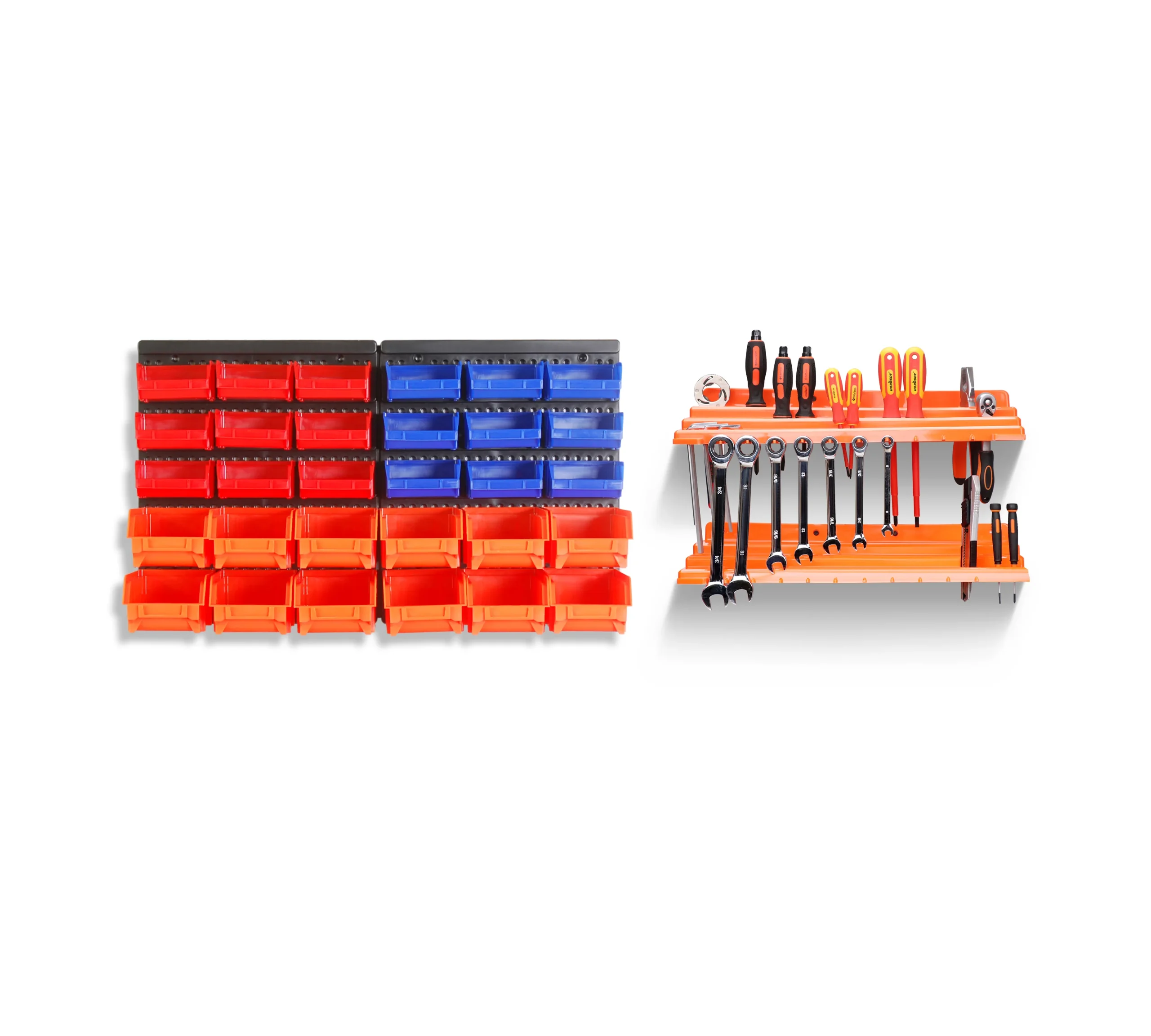 32-Piece Wall Mounted Storage Rack with Bins for Organizing Tools and Parts