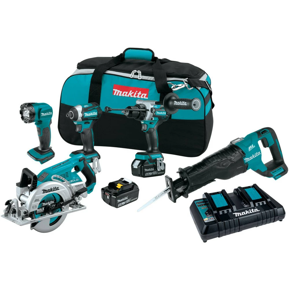 Makita XT507PT 18V LXT/ 36V (18V X2) LXT Brushless Lithium-Ion Cordless 5-Tool Combo Kit With 2 Batteries (5 Ah)