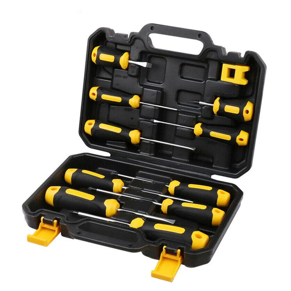 10Pc Magnetic Screwdriver Set with Non-Slip Grip, Degausser & Case - Phillips & Flat Head
